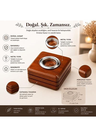 Bfastore El Yapımı Ahşap Tealight Mumluk, Ceviz Rengi, 11x10x7 Cm Çok Renkli
