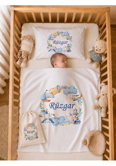 Pia Baby İsme Özel %100 Pamuk Erkek Bebek Yastık Battaniyeli Tulum Set Kese Hediyeli 1098tybk0x Krem