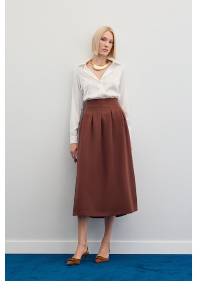 Sateen Pileli Midi Etek - Kahve-136478 Kahve