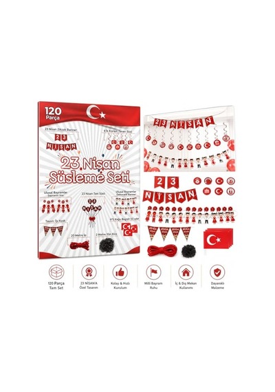 23 Nisan Süsleme Seti, 120 Parça, Zikzak Banner, Flama, Sarkıt Tavan Süsü, Kapı Ve Pencere Süsü, Okul Sınıf Dekorasyon Paketi