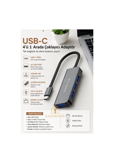 Kalemhane Usb-c 4 Ü 1 Arada Çoklayıcı Adaptör
