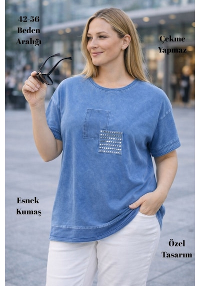 Cedy Denim Cedy - Kadın Özel Tasarım Esnek, Pul Payet, Dantel Detaylı Yıkamalı Büyük Beden Tişört Mavi Cedy Denim Cedy - Kadın Özel Tasarım Esnek, Pul Payet, Dantel Detaylı Yıkamalı Büyük Beden Tişört Mavi
