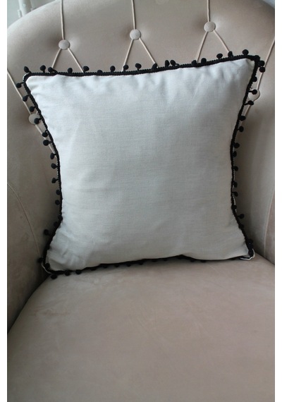 2 Adet Siyah Ponponlu Krem Kırlent Kılıfı 42x42cm