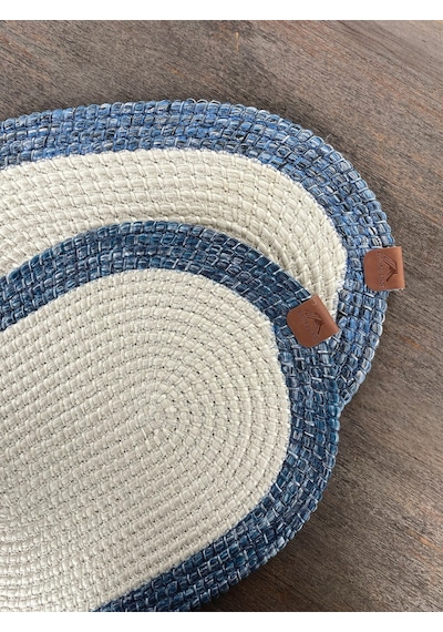 Bohem Tarz 2 Li Doğal İp Amerikan Servis Hasır Görünümlü, Leke Tutmaz, Mavi/beyaz 40x28 Cm Beyaz/mavi