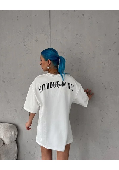 Assema Kadın Bisiklet Yaka Baskılı Oversize T-shirt - Beyaz Çok Renkli