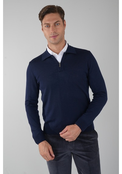 Bisse Polo Yaka Fermuar Detaylı Lacivert Erkek Yün Triko Tr23knos23211 D39 Lacivert