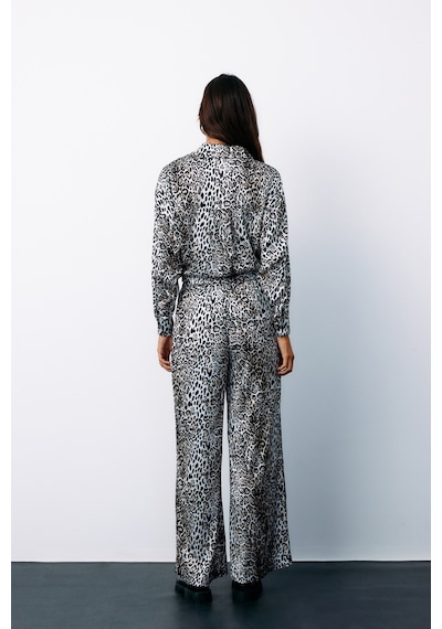 Sateen Yüksek Bel Saten Leopar Pantolon - Ekru-135186 Ekru