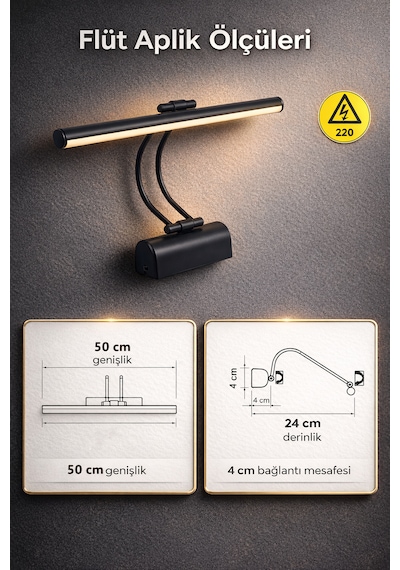 Merwish Flüt Led Aplik 50 Cm Duvar Aydınlatma 6500k Beyaz Işık Kablo Bağlantılı 220v Modern Tasarım Siyah
