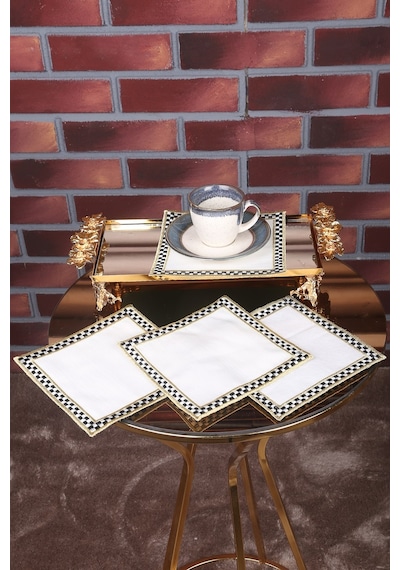 Damalı 6'lı Linen Keten Kumaşlı Sırma Nakış İşlemeli Kokteyl