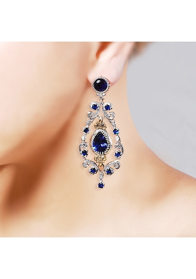 925 Ayar Gümüş ve Bronz Karışımı Mavi Safir Taşlı Otantik Küpe
