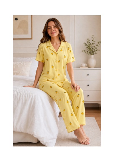 Angbutik Sarı Limon Desenli Kısa Kollu Gömlek Yaka Milan Kumaş Kadın Pijama Takımı
