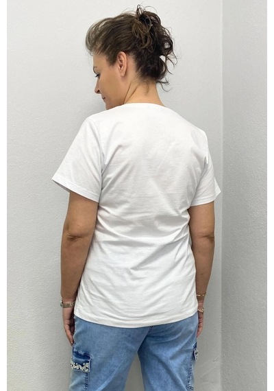 Kadın Beyaz Gümüş Baskılı Tshirt Beyaz