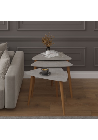 Asra Trend 3'lü Üçgen Zigon Sehpa Takımı SEHPA02 %100 MDF Ahşap Ayaklı Retro Gri