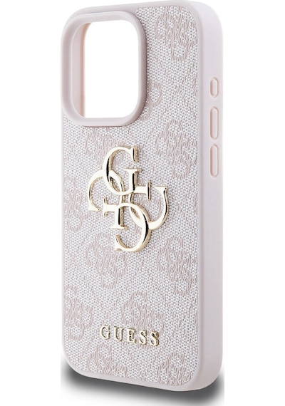 Apple Uyumlu iPhone 15 Pro Kılıf Guess Lisanslı Pu Deri Yazı Ve 4g Metal Logolu Desenli Kapak Pembe