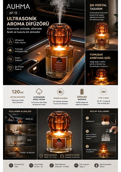Auhma Af-13 120ml Şarjlı Ultrasonik Araç Koku Difüzörü Sarı Ambiyans Işıklı Ebony Esans Aroma Yayıcı