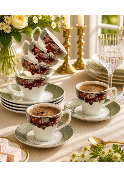 6 Kişilik Porselen Exotic Frame Kahve Fincanı-5919 Çok Renkli