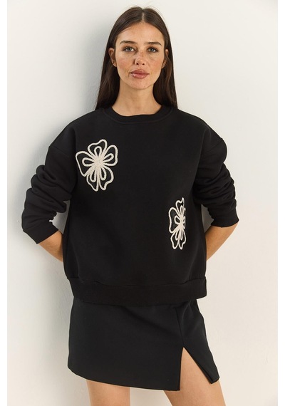 Shade Kadın Bisiklet Yaka Çiçek Nakışlı Üç İplik Şardonlu Sweatshirt 60601045 - Siyah
