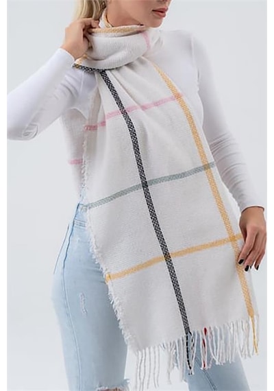 Neşeli Butik Ekru Yumuşak Dokulu Kare Çizgi Desenli Püsküllü Şal Atkı Nbaks036 Ekru