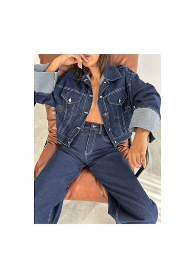 Zdnjeans W1910 Kolu Katlamalı Lacivert Crop Denim Ceket