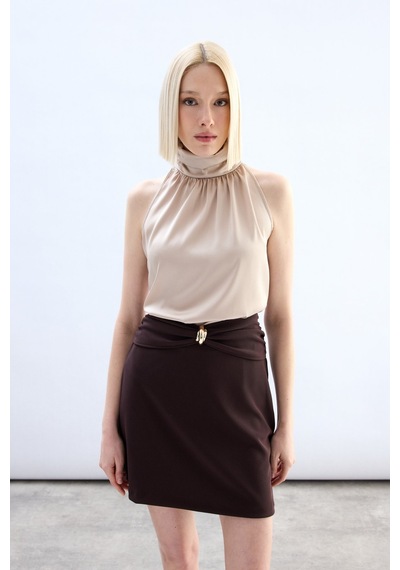 Sateen Bel Aksesuarlı Mini Etek - Kahve-136788 Kahve