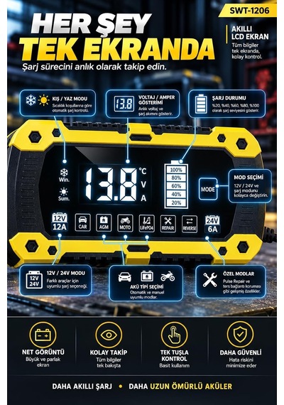 Tr Akıllı Akü Şarj Cihazı 12v 12a / 24v 6a, 4ah-200ah Lcd Ekranlı Akü Bakım Cihazı, Kış Yaz Modu, Pulse Repai