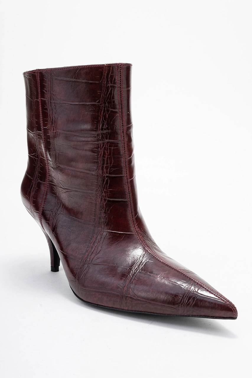 Luvishoes Luvi Shoes Nuvıa Bordo Baskı Sivri Burunlu Kadın Topuklu Bot Bordo