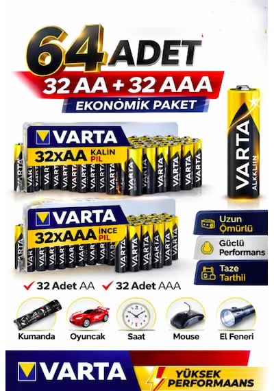 Aa + Aaa Pil 64'lı Set 32 Aa + 32 Aaa 1.5v Ekonomik Toplu Paket Çinko Karbon