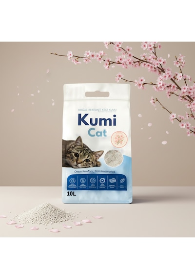 Kumi Cat Eko-premium Bahar Esintisi Sakura Kiraz Çiçeği Kokulu Kedi Kumu, Güçlü Topaklanan Bentonit 5 L