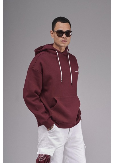 Kapuşonlu Baskılı Oversize Kalıp Unisex Hoodie Sweatshirt Bordo
