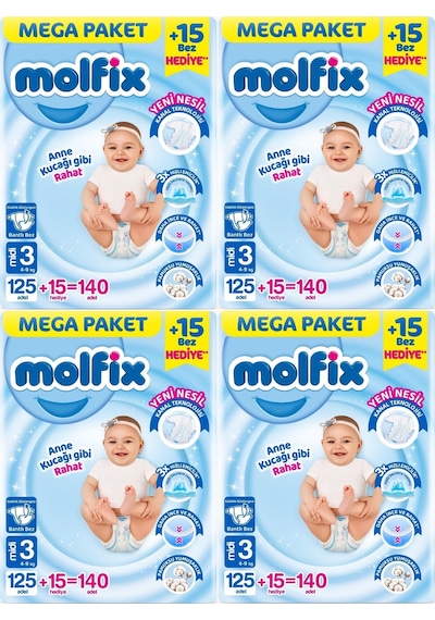 Molfix Bebek Bezi Beden:3 4-9kg Midi 560 Adet Mega Avantaj Fırs 3 Numara