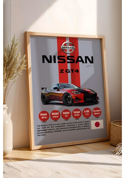 Nissan Z Gt4 Premium Yarış Arabası Çerçeveli Tablo - Teknik Özellikli Pist Serisi Duvar Dekoru Kayın