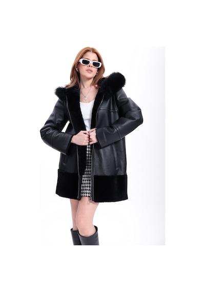 M M Marki Marki Kadın Hakiki Deri Kaban, İçi Kürklü, 85 Cm, Kapüşonlu, Oversize, Siyah Kışlık - 120222