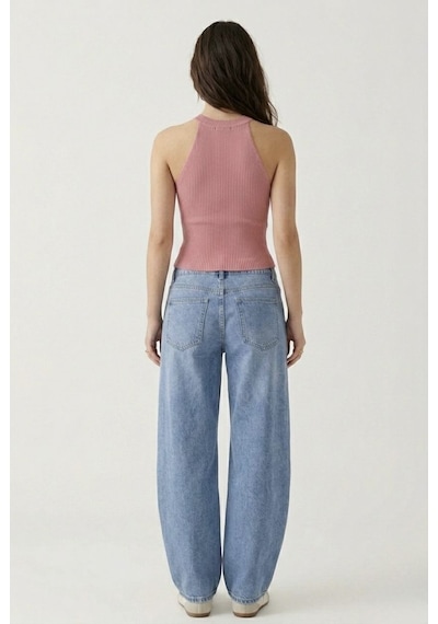 Neden Tekstil Kadın Fitilli Halter Yaka Crop Bluz - Pembe
