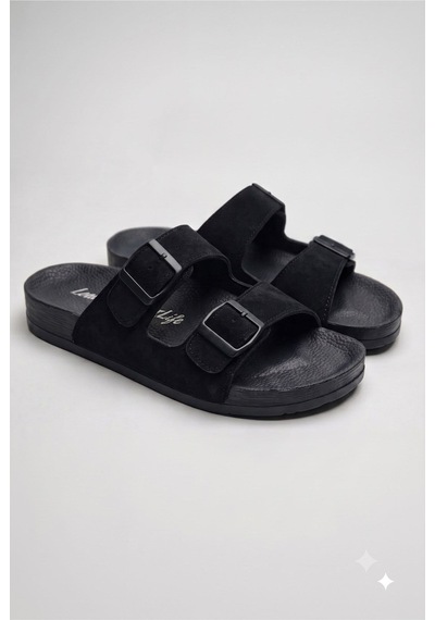 Premium Unisex Süet Görünümlü Çift Tokalı Rahat Anatomik Terlik Siyah