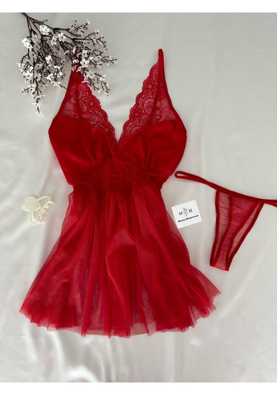 Mh Moony Homewears Aceline Kırmızı Saten Göğüs Kaplı Mini Tül Gecelik İç Giyim Kırmızı