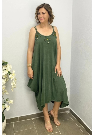 Mia Butik Büyük Beden Haki Pamuklu Şalvar Kesim Çiçekli Elbise Haki