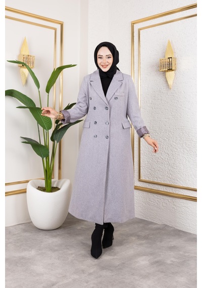 Hb Harma Time Butik Kadın Astarlı Düğmeli Cepli Uzun Gri Kaşe Kaban Açık Gri