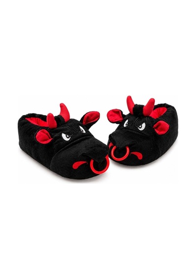 Modafocus Kızgın Boğa Figürlü Peluş Unisex Ev Pandufu - Sevgili Kombin - Siyah Siyah