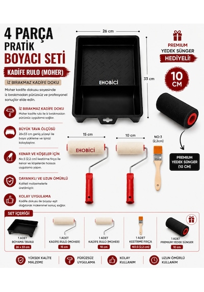 Ehobici 4 Parça Pratik Boyacı Seti Kadife Rulo Moher - Premium Yedek Sünger Hediyeli