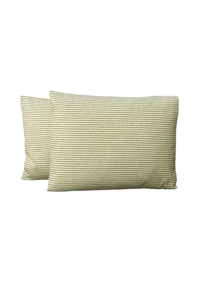 %100 Pamuk İpliği Boyalı Çizgili Tek Kişilik Yastık Kılıfı 2'li Set - 50x70 Cm Naturel Cep Detaylı Yeşil