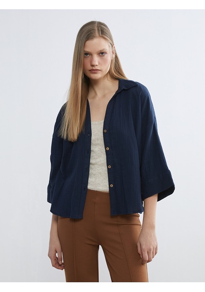 Lcw Vision Lacivert Dokulu Oversize Kadın Gömlek