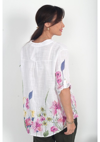 By Saygı Kadın İtalyan Etek Uçları Ve Kolları Büyük Çiçekli Oversize Cotton Gömlek Beyaz