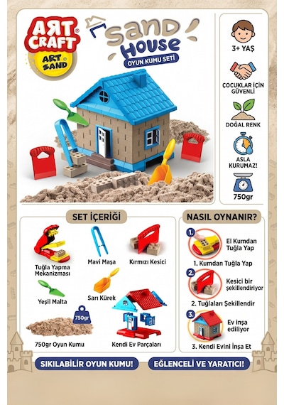 Art Craft Sand House Tuğla Yapma Ve Ev İnşa Etme Oyun Kumu Seti 750 Gr Eğitici Oyuncak 3+ Yaş Çok Renkli