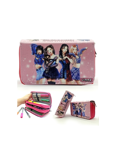 Kalem Kutusu Black Pink Blink Organizer Kalemkutu Vegan Deri Üç Bölmeli Kalemlik