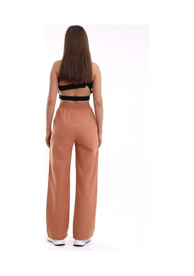 Winmoda34 Kadın Keten Palazzo Pantolon Önü Dikişli Kremit