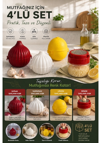 Porsima 4471 4'lü Mutfak Düzenleyici Seti Soğan, Sarımsak, Limon Saklama Kabı Ve 300 Ml Hazneli Rende Çok Renkli