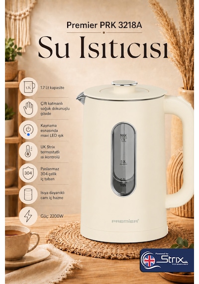 Premier PRK 3218A 1.7 L Isıya Dayanıklı Cam Hazneli Led Işıklı Su Isıtıcısı Kettle