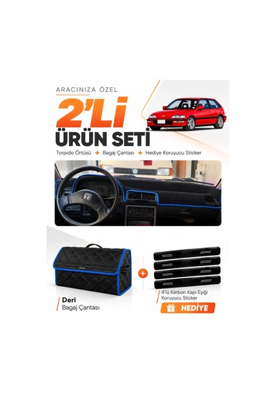 Honda Cıvıc Ef 1988-1991 Uyumlu Torpido Örtüsü + Deri Bagaj Çantası + Sticker Seti - Siyah Mavi