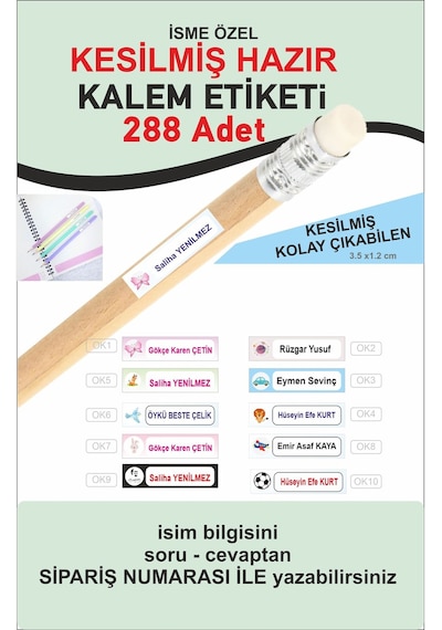 Okul Kalem Etiketi Kesilmiş Kalem Sticker Seti İsme Özel 288 Adet Çok Renkli