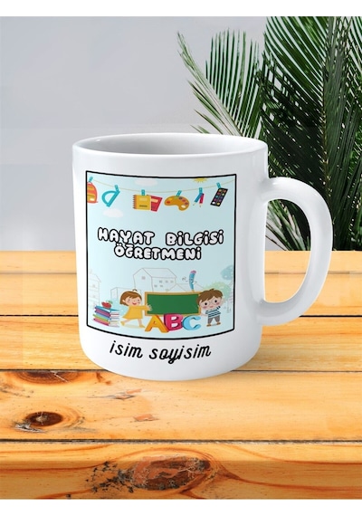 Hayat Bilgisi Öğretmeni Baskılı Kupa Bardak İsimli Kişiye Özel Okul Çantası Askı Çok Renkli